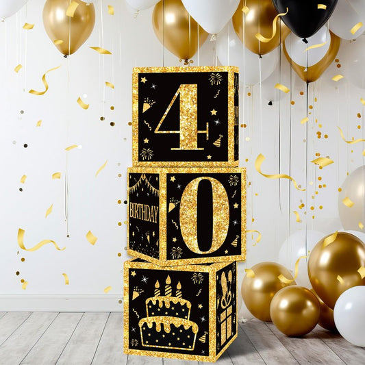 40th Birthday Decorations Boxes for Men- 3PCS Black Gold Happy 40th Birthday Balloons Boxes, 40 Year Old Party Supplies for Men Women