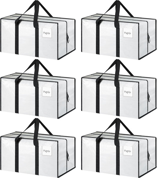 Skiennix Extra Heavy Duty Moving Bags - 6 Pack with Strong Zipper & Comfortable Handles | Durable White Storage Totes