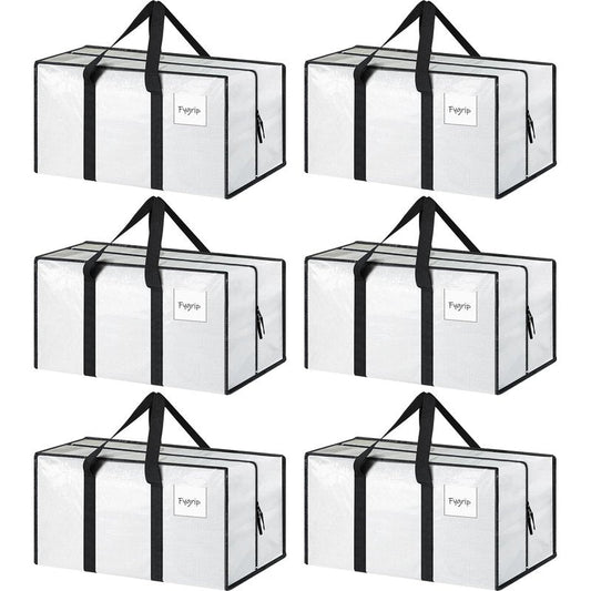 6 Pack Extra Heavy Duty Large Moving Bags with Strong Zipper & Comfortable Handles, Sturdy & Durable Clothes Storage Bags Totes Bins, Packing Moving Boxes for College Supplies, White