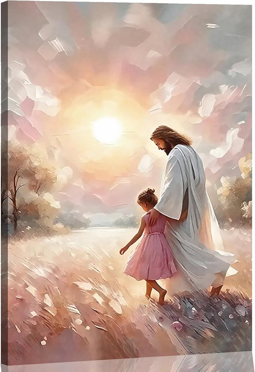 Jesus & Children Canvas Art Print - Soft Pink Sunset Wall Decor for Nursery | 16x24 in