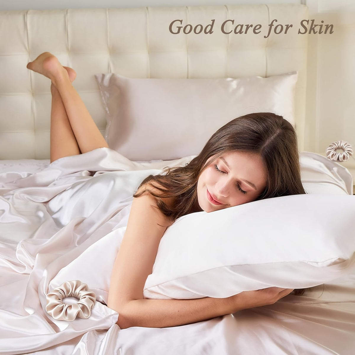 Skiennix Queen Satin Pillowcase Set - Luxurious Hair Care | 2 Beige 20x30 Cases with Scrunchies