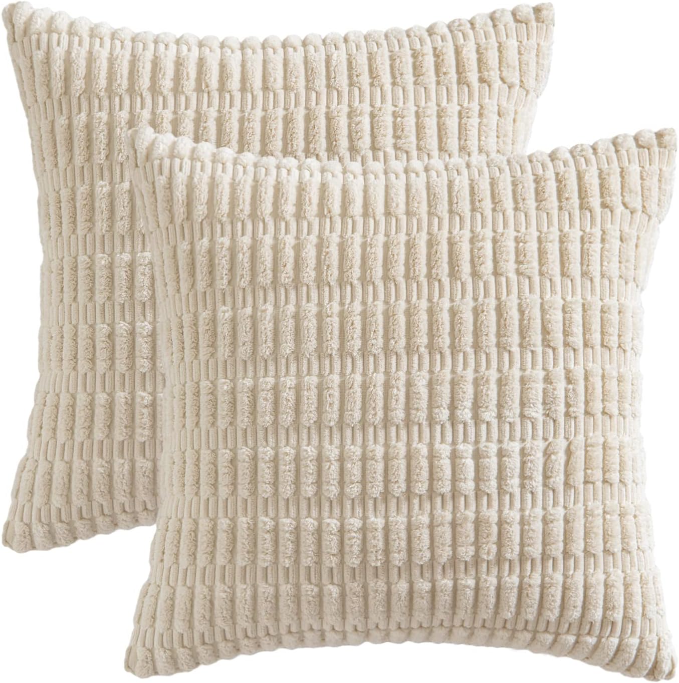 MIULEE Euro Sham Pillow Covers - Soft Boho Striped Corduroy | Pack of 2, 22x22 Inch, Cream White