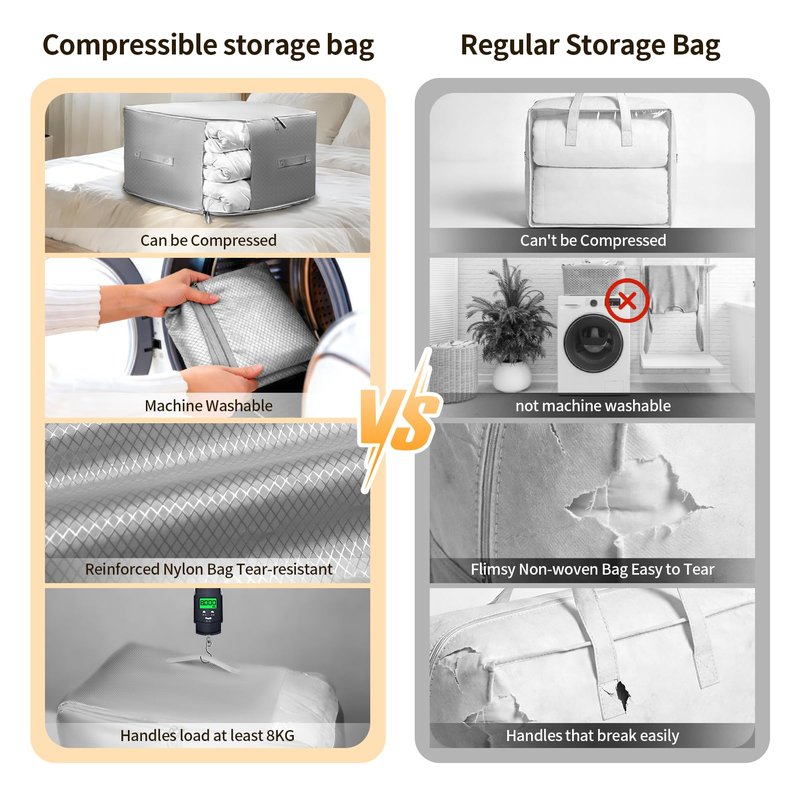 2 Pack Upgrade Comforter Storage Bag with Handle, Space Saving 3-Layer Adjustable In 3 Sizes (142L, 107L, 71L), Compression Blanket Storage Bags, Washable Bedding Organizer For Pillow Duvet Clothing