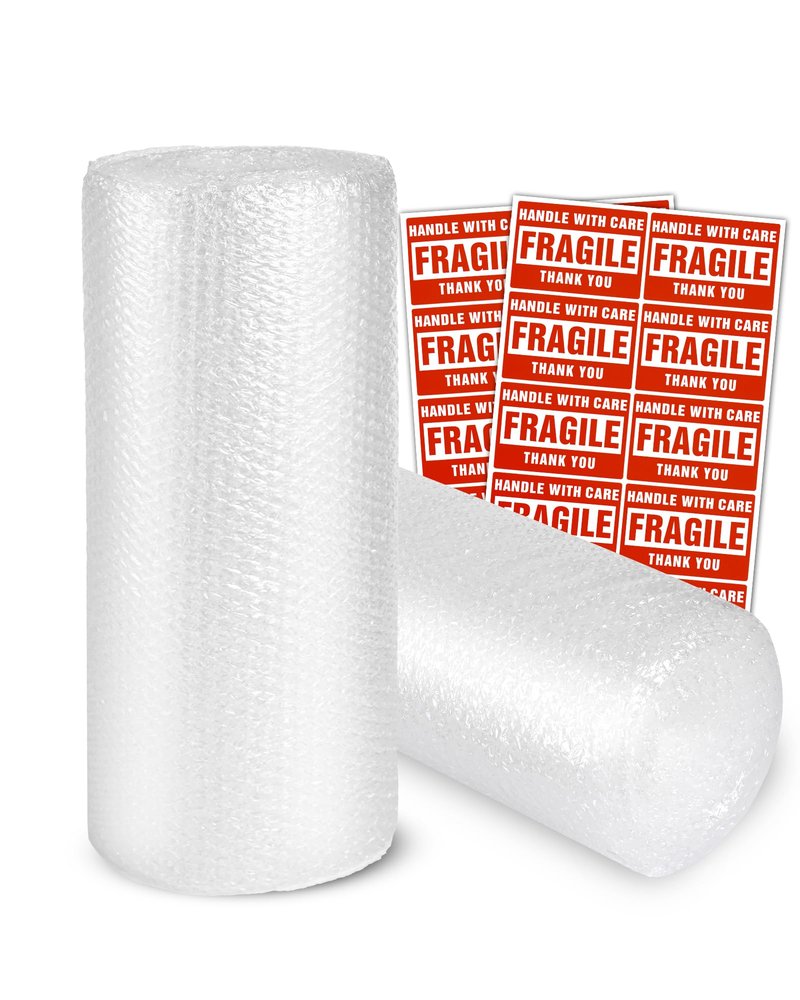 2-Pack Bubble Cushioning Wrap Rolls, 3/16" x 17" x 72' ft Total, Perforated 12" 20 Fragile Stickers for Shipping, Packaging, Mailing