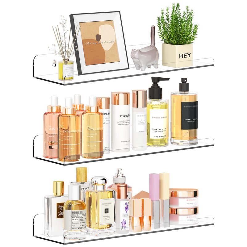 Qukaka Floating Shelves for Wall Decor, 15" Extra Clear Wall Shelves for Bedroom, Living Room, Kitchen, Bathroom Decor, Nail Polish/Book/Decoration/Makeup/Perfume Organizer Floating Shelf-3Pack
