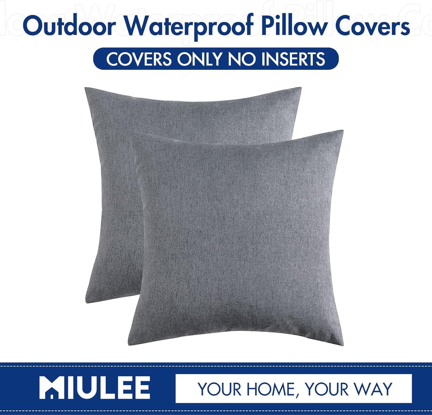 MIULEE Decorative Outdoor Throw Pillow Covers - Waterproof Faux Linen Cushion Cases | 16x16 Inch Dark Grey (Pack of 2)