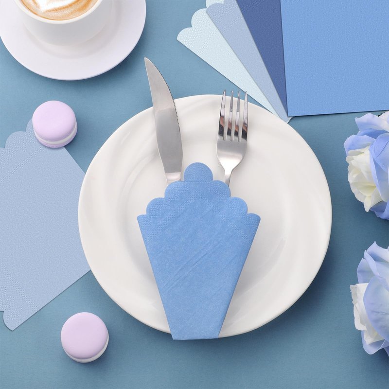 Xiangqu 120 Pack Dusty Blue Napkins, 5 x 5 Inch Boy Baby Shower Napkins Gradient Blue Cocktail Napkins Scalloped Napkins Beverage Napkins for Dinner Wedding Baby Shower Bridal Anniversary Reception