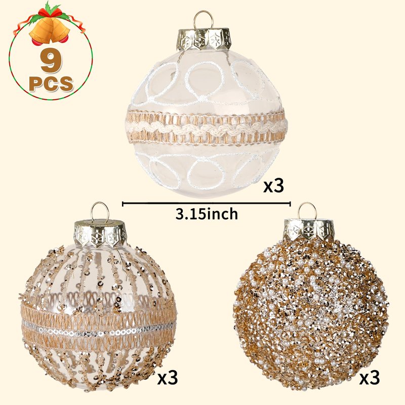9 Pcs 80mm/3.15" Christmas Ball Ornaments Set, Large Clear Champagne Christmas Tree Decorations Plastic Shatterproof Hanging Balls for Xmas Glitter Farmhouse Boho Ornaments for Holiday Wedding Party