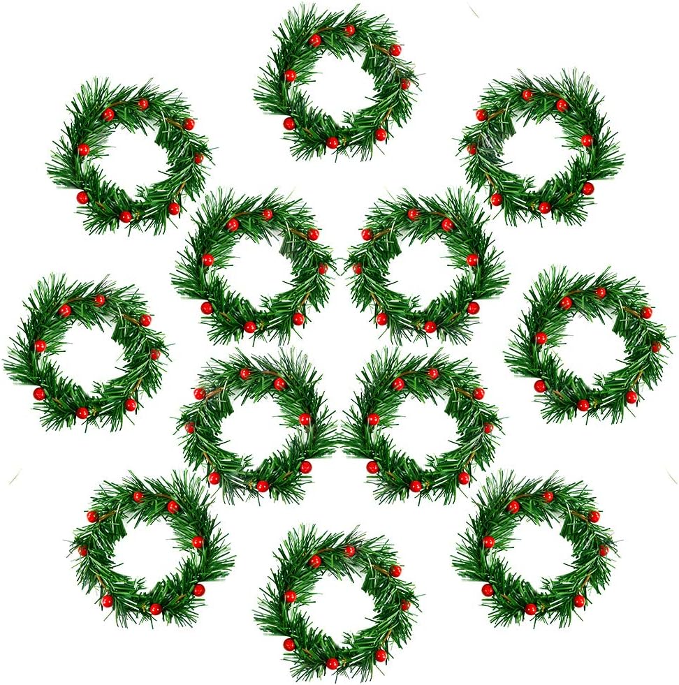 YBB Christmas Candle Rings - 12Pcs Small Artificial Red Berry Wreath Holders for 3-Inch Pillar Candles | Rustic Wedding Decor