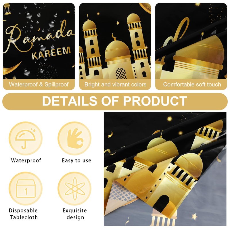 PHOGARY Ramadan Decorations 2 Pcs Ramadan Kareem Tablecloth, Ramadan Tablecloths Disposable Rectangle Plastic Eid Mubarak Table Covers for Eid Al-fitr Party Eid Decorations 54" X108", Black and White