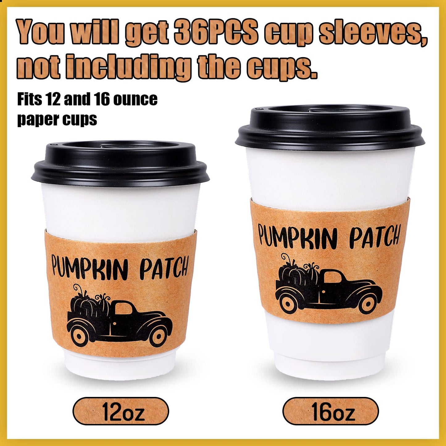 Whaline 36 Pack Fall Coffee Tea Cup Sleeves Thanksgiving Kraft Paper Sleeves for 12 and 16oz Cups Disposable Corrugated Cup Paper Jacket for Hot Chocolate Cocoa or Cold Beverage, 6 Design