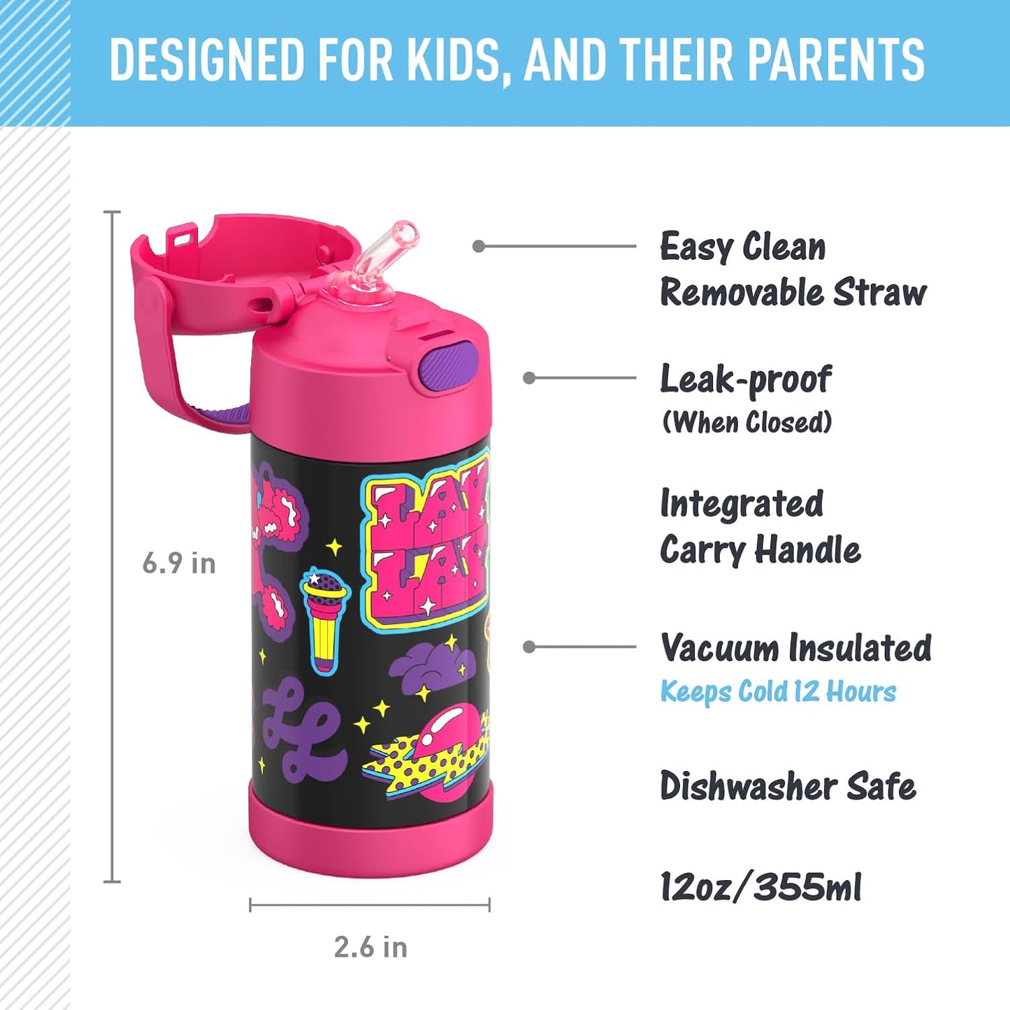THERMOS FUNTAINER 12 Ounce Stainless Steel Kids Straw Bottle - Vacuum Insulated, Durable Design