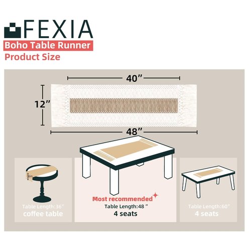 FEXIA Boho Table Runner 48 Inches Long with Tassels Christmas Thanksgiving Farmhouse Home Decor Rustic Cream & Brown Macrame Table Runner for Dining Bedroom Baby Bridal Shower Decor(12x48 Inches)