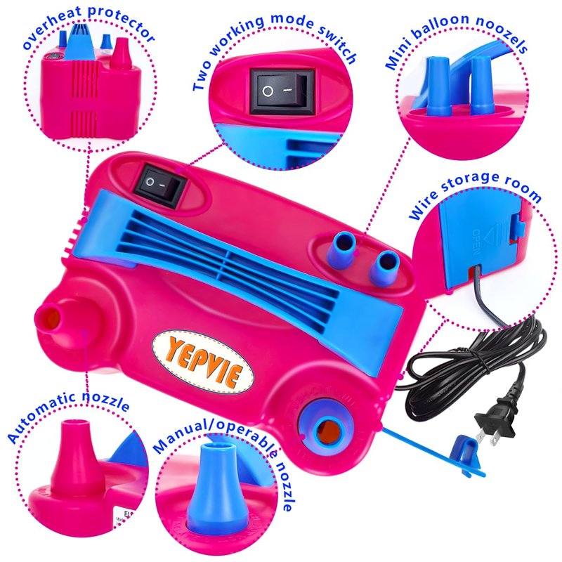 YEPVIE Electric Balloon Pump, Portable 2 Modes Balloon Blower Machine with 14 Balloon Arch Kits, Air Pump for Balloon, Ballon Inflator for Party Decoration