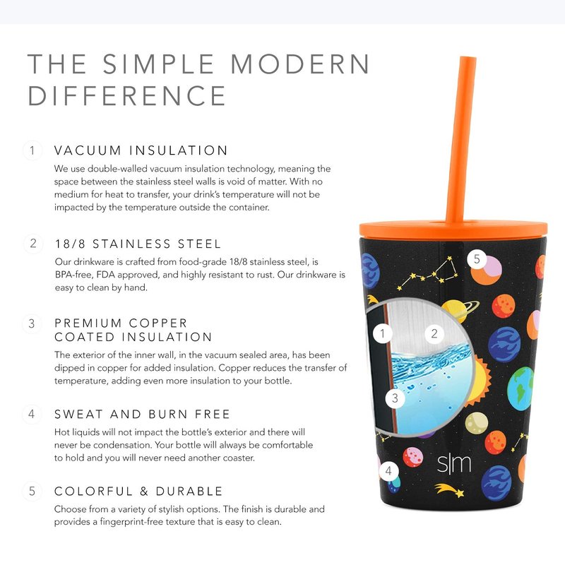 Simple Modern Toddler Cup with Lid and Silicone Straw | Kids Water Bottle Tumbler Insulated Stainless Steel Thermos | Classic Collection | 12oz, Solar System