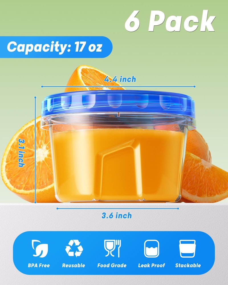 BiuLeon 6 Pack-17oz Freezer Storage Containers, Plastic Food Storage Containers with Twist Top Lids, BPA Free and Reusable Soup Containers with Lid, Microwave and Dishwasher Safe