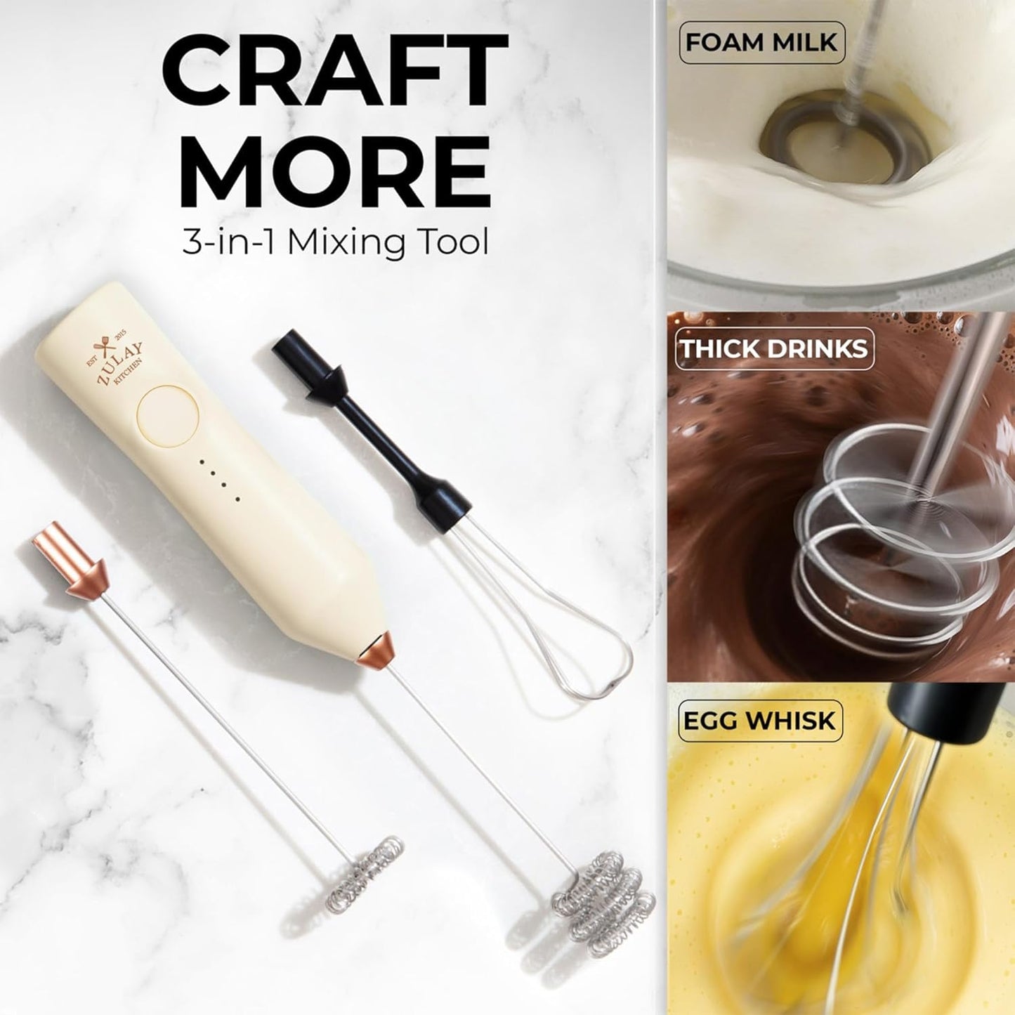 Zulay Kitchen Rechargeable Milk Frother - 3 Speed Drink Mixer with 3 Whisk Attachments - Cream Copper