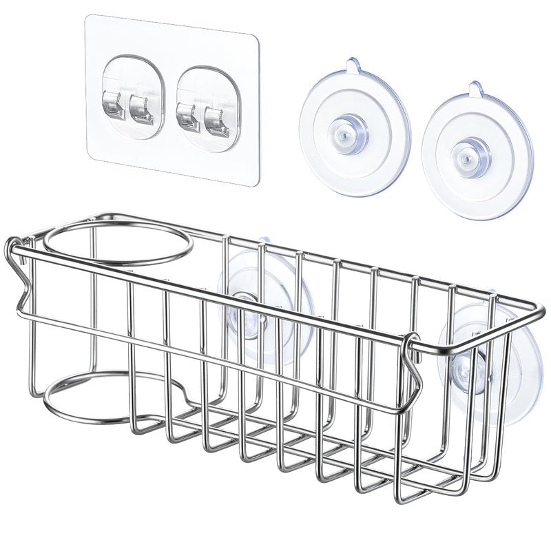 3-In-1 Sponge Holder for Kitchen Sink with Suction Cups & Adhesive Hook , In-sink Sponge Holder, Wall Hanging Sink Caddy Organizer Rack - Sponge, Dish Cloth, Brush, Scrubber - 304 Stainless Steel