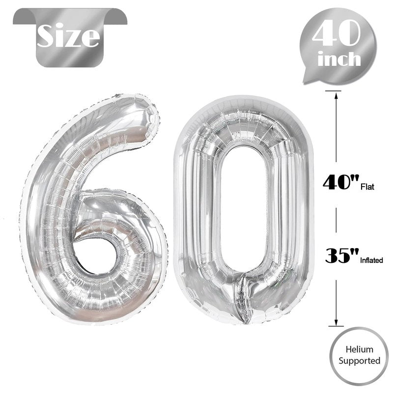 Silver Number 60 Balloon 40 inch, 60 Number Balloons, 60th Silver Birthday Decorations for Girls Boys Kids, 60 Year Old Women Men Silver Party Supplies