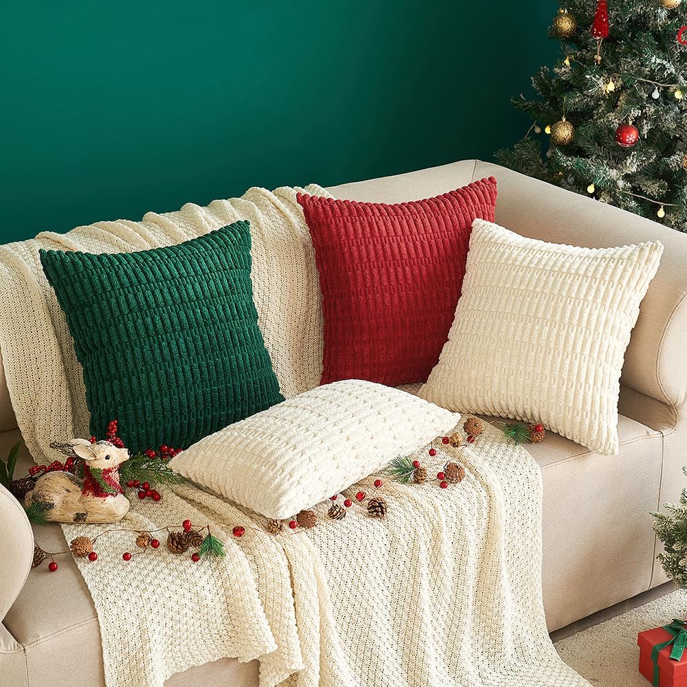 MIULEE Euro Sham Pillow Covers - Soft Boho Striped Corduroy | Pack of 2, 22x22 Inch, Cream White