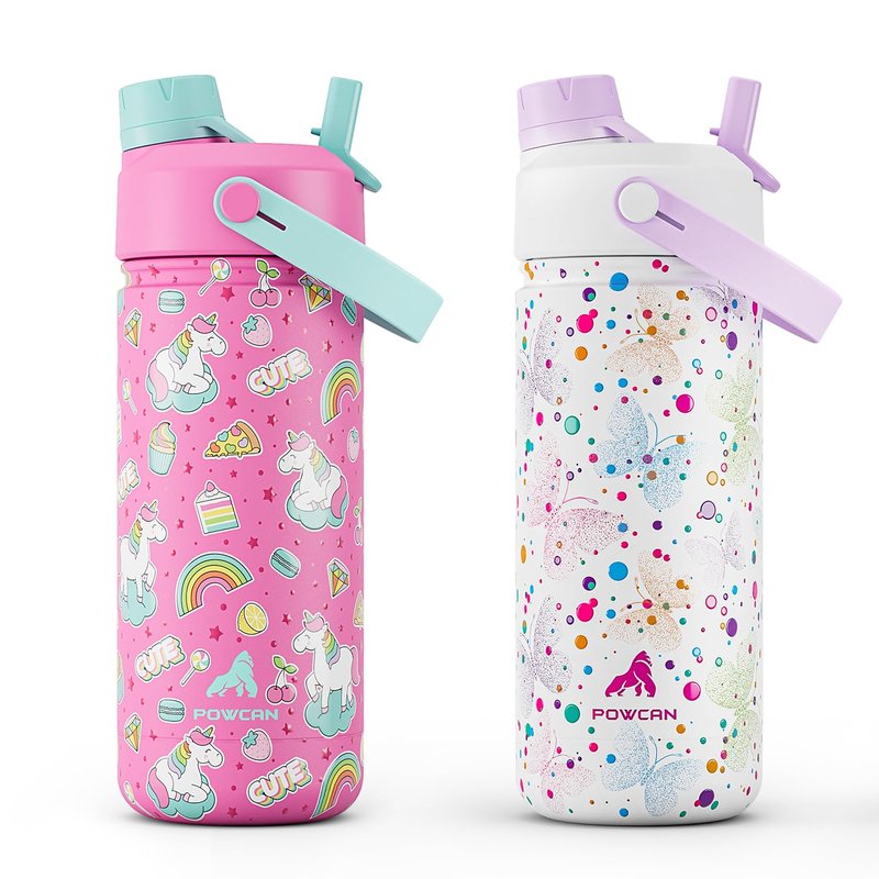 POWCAN 2 Pack 18 oz Kids Insulated Water Bottle for School: Leakproof, 2-in-1 Straw Spout Lid, BPA-Free, Keep Cold 24 Hrs, Stainless Steel Cup for Sports, Travel, Gift for Girls Boys Daughters Sons