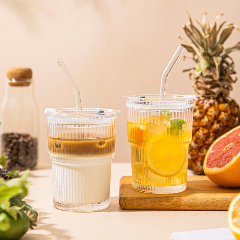 SoulTimes 13oz Glass Tumblers with Lids and Straws, Set of 2 - Stylish Ribbed Design Drinking Glasses for Iced Coffee, Juice, Smoothies, Cold Beverages, Includes Cleaning Brush, Durable Glassware