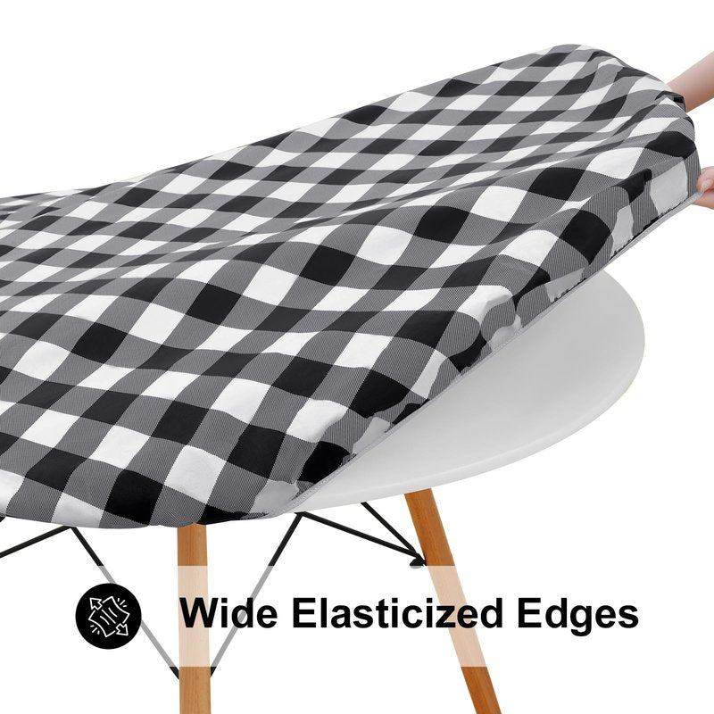 Smiry Round Picnic Tablecloth, Elastic Waterproof Fitted Vinyl Tablecloths for 36"-44" Tables, Flannel Backed Buffalo Plaid Table Cover for Dining, Camping, Outdoor, Black and White