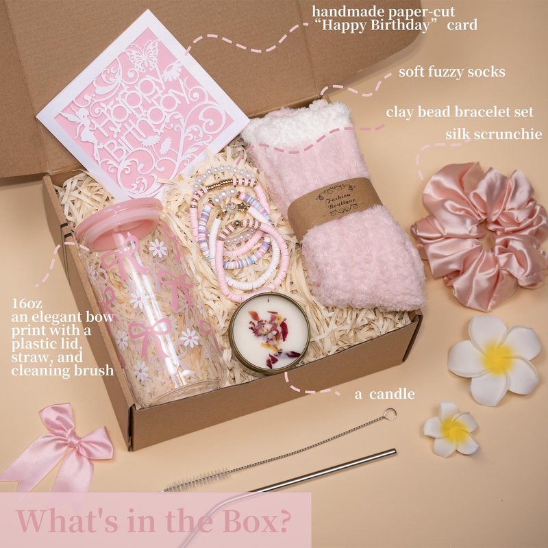 Ndahjahd Birthday Gifts for Teen Girls Best Christmas Ideas Box w/Coquette Bow Aesthetic Cup Trendy Stuff for Her Teen Girl Sister Friend Friendship Sweet 16th 18th 21st Bday(Pink Bow Gifts)