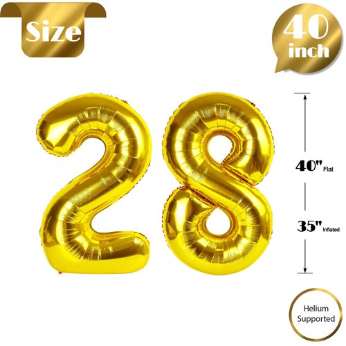 Gold Number 28 Balloon 40 inch, 28 Number Balloons, 28th Gold Birthday Decorations, 28 Year Old Women Men Golden Party Supplies