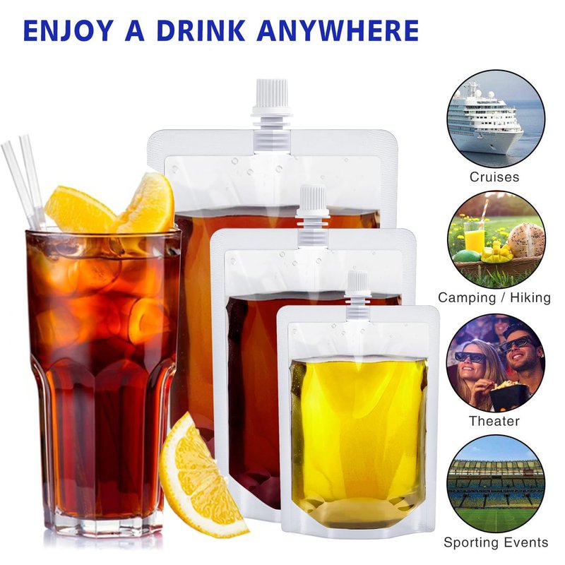 16 Pcs Plastic Flasks-Reusable 16OZ Drink Bags,Leak-Proof, BPA-Free for Travel,Plastic Flasks,Juice Travel Drink Bags for Travel Outdoor Sports, Concerts, Events(16OZ,16PCS)