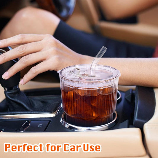 ALYBIT 13oz/400ML Glass Tumbler with Straw and Lid Ribbed Vertical Ice Coffee Cups Sealed Carry on for Coffee Iced Tea, Thick Wall Glassware Tumbler Water Glass (Clear 1pc)
