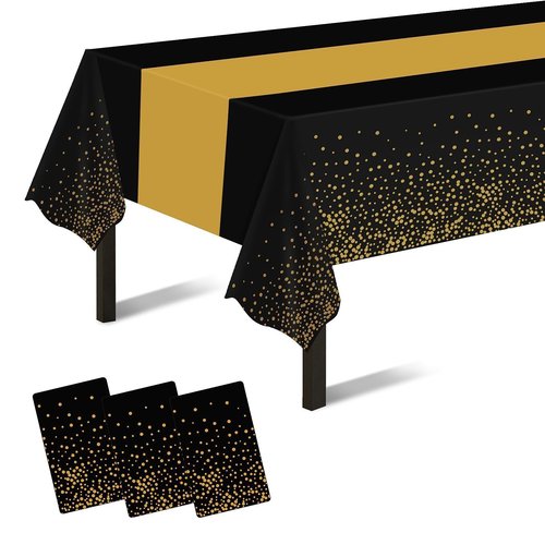 Childom 3 Pack Graduation Tablecloth,Graduation Decorations Class of 2026 Graduation Party Decorations,54"x108" Black and Gold Plastic Table Cloth Disposable for Home,School,Birthday,Wedding,Parties