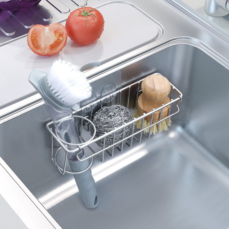 3-In-1 Sponge Holder for Kitchen Sink with Suction Cups & Adhesive Hook , In-sink Sponge Holder, Wall Hanging Sink Caddy Organizer Rack - Sponge, Dish Cloth, Brush, Scrubber - 304 Stainless Steel
