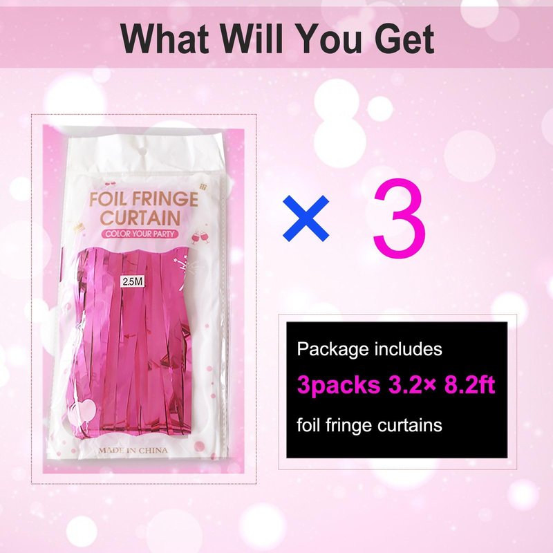 Valentines Day Party Decorations - 3 Pack of 3.2x8.2ft Hot Pink Foil Fringe Curtains Streamers Backdrop for Birthday Bachelorette Party Valentines Backdrop Decorations