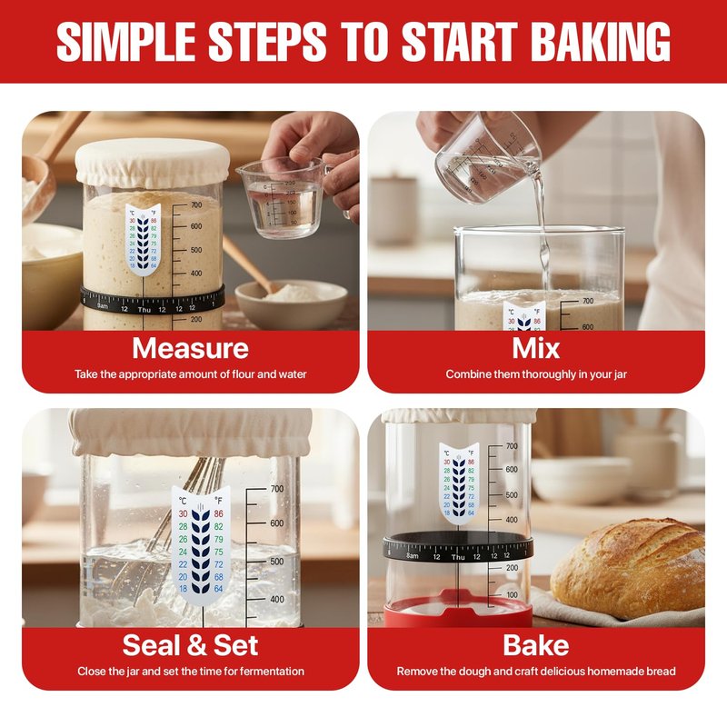 Sourdough Starter Kit, 24 Oz Sourdough Jar with Measuring Cup, Thermometer, Spatula, Dough Scraper, Bread Lame, Silicone Base & Cloth Cover, Feeding Band, Bread Baking Supplies for Bakers (24 Oz)