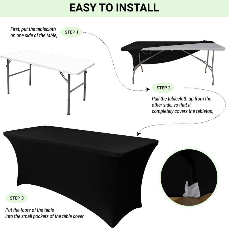 Obstal 6ft Stretch Black Spandex Table Cloth for Standard Folding Tables - 2 Pack Universal Rectangular Fitted Tablecloth Protector for Wedding, Trade Show, Vendor Stand