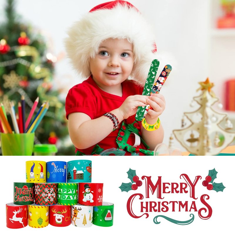 100Pcs Christmas Slap Bracelets, Christmas Party Favors for Kids, Christmas Stocking Stuffers, Christmas Toys for Kid and Children, Party Gift Bag Filler Supply