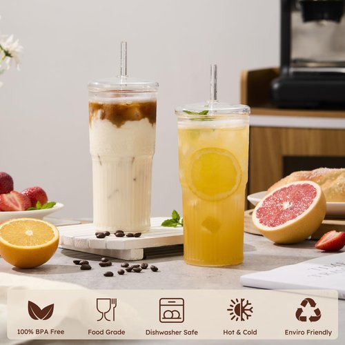 GOSCHE Glass Cups with Lids and Straws, 20oz Glass Cups Drinking Jar, Clear Iced Coffee Cups, Vintage Ripple Glass Tumbler for Water Coffee Tea, Clear, 2Pcs