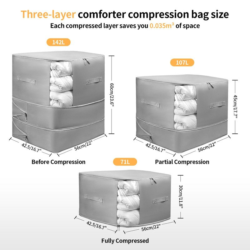 2 Pack Upgrade Comforter Storage Bag with Handle, Space Saving 3-Layer Adjustable In 3 Sizes (142L, 107L, 71L), Compression Blanket Storage Bags, Washable Bedding Organizer For Pillow Duvet Clothing