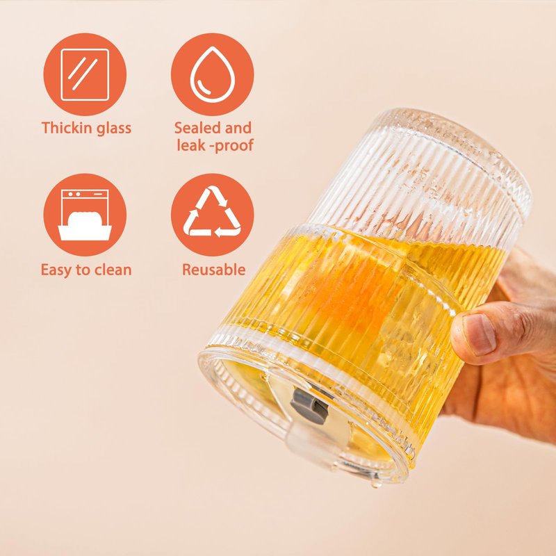 SoulTimes 13oz Glass Tumblers with Lids and Straws, Set of 2 - Stylish Ribbed Design Drinking Glasses for Iced Coffee, Juice, Smoothies, Cold Beverages, Includes Cleaning Brush, Durable Glassware