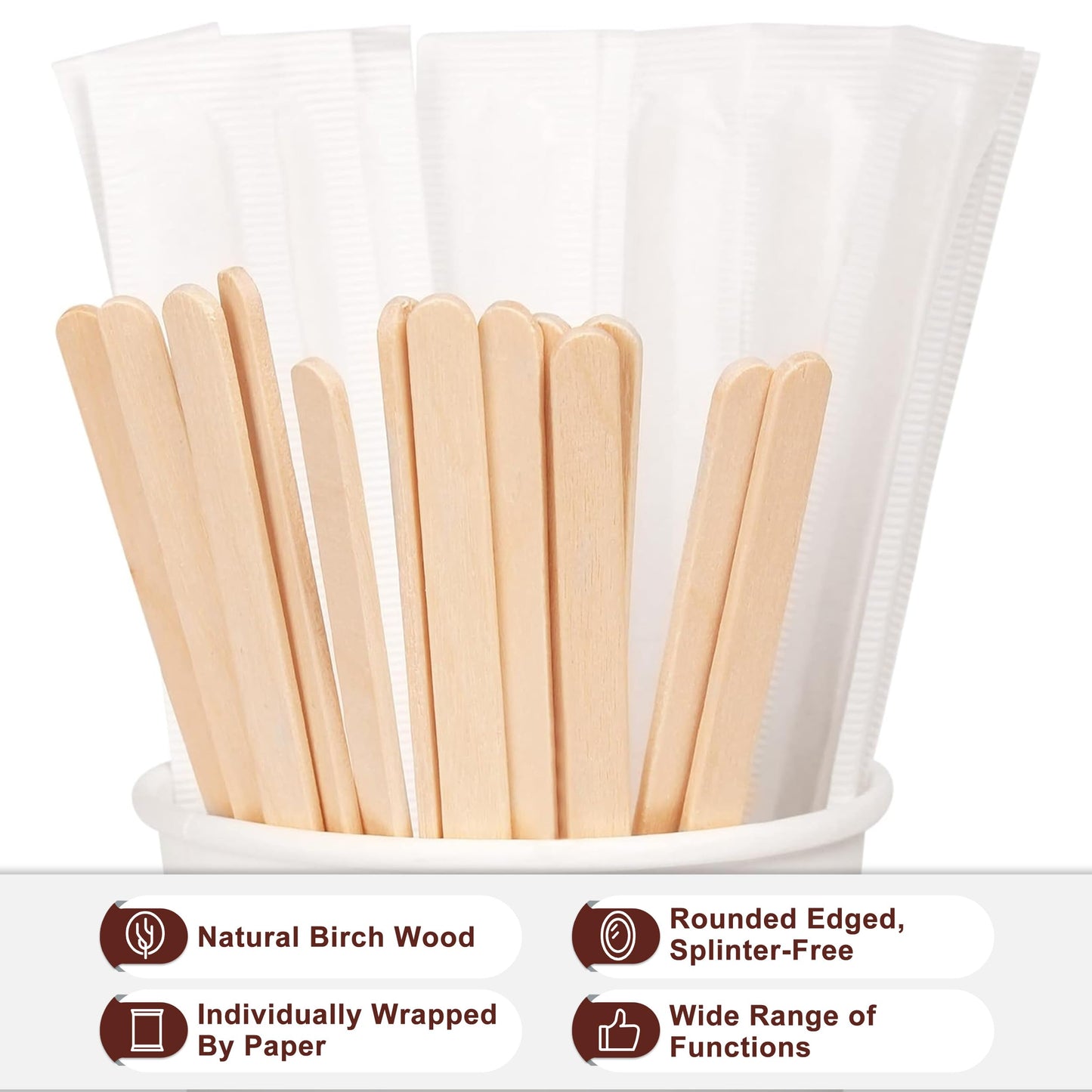 Coffee Stirrers 1000pcs Individually Wrapped Coffee Stirrers Wood - 5.5 Inch Disposable Wooden Stir Sticks for Coffee, Cocktail and Hot Drinks