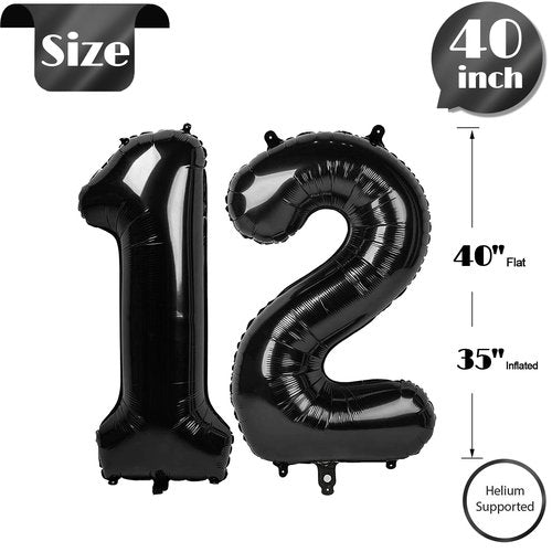 Black Number 12 Balloon 40 inch, 12 Number Balloons, 12th Black Birthday Decorations, 12 Year Old Girls Boys Party Supplies