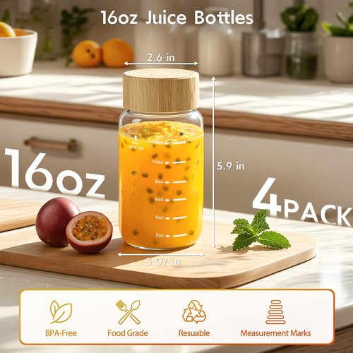 Freshmage 16 oz Borosilicate Glass Water Bottles (4 Pack) - High-Heat Resistant & Durable Wide Mouth Reusable Bottles with Bamboo Lids, Leak Proof for Juicing, Smoothies, Beverage Storage, BPA-Free
