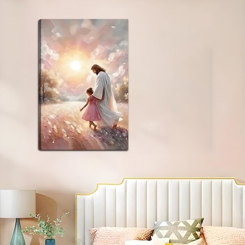 Jesus & Children Canvas Art Print - Soft Pink Sunset Wall Decor for Nursery | 16x24 in