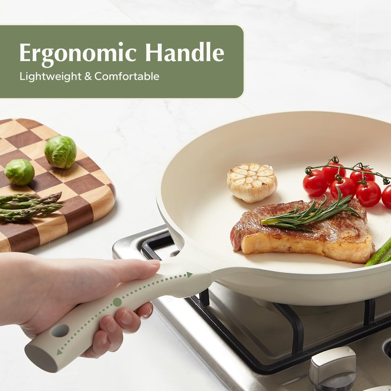 Redchef Ceramic Pan Nonstick, Nonstick Frying Pan, Large Fry Pans, PFAS & PFOA-Free, Non-Toxic, Induction Compatible Pans, Ergonomic Handles, Suitable for All Stove, Beige White, 11"