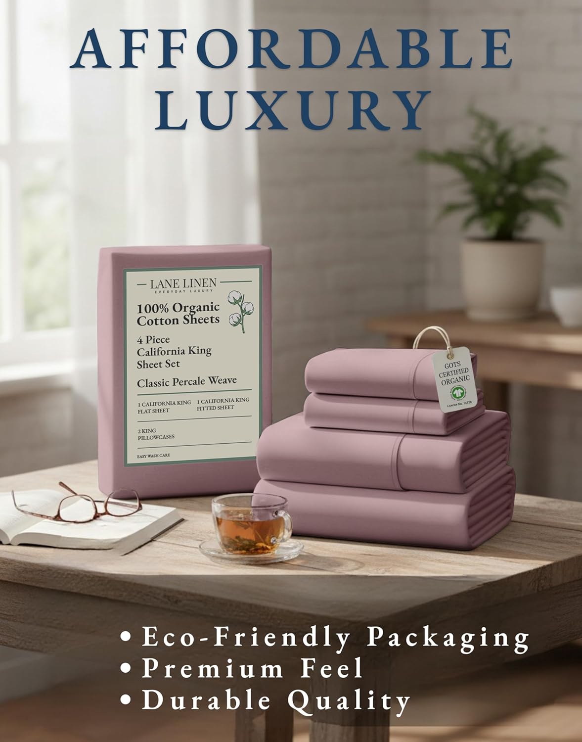 LANE LINEN 100% Organic Cotton Cal King Bed Sheets - Luxury Soft Percale, Oeko-Tex Certified, Lilac Color