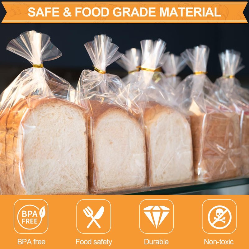 vivinin 70 Pack Bread Bags & 100 Pack Ties, 8" x 4" x 18" Clear Bread Bags for Homemade Bread, Reusable Plastic Bread Storage Bags for Bakers, Bakery Owners