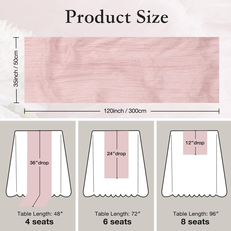 Leetaltree Cheesecloth Table Runner with Wrinkle Texture - 35x120 Inch 10 FT Crinkled Gauze Table Runner for Wedding, Party & Home Decor - Elegant Scarf Table Runner (Pink, 3 Pack)