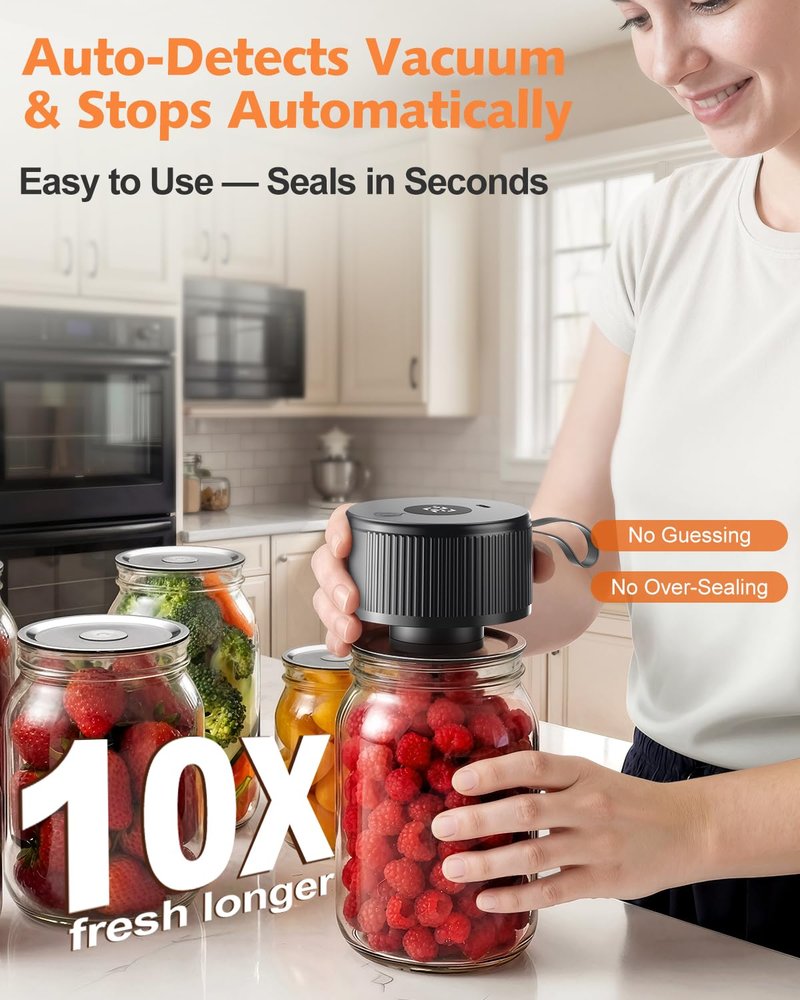 Auletor Electric Mason Jar Vacuum Sealer, [2026 Upgraded] One-Piece Handheld Vacuum Sealer Kit for Wide & Regular Mouth Jars, Portable Cordless Sealer for Food Storage, Homesteading & Meal Prep