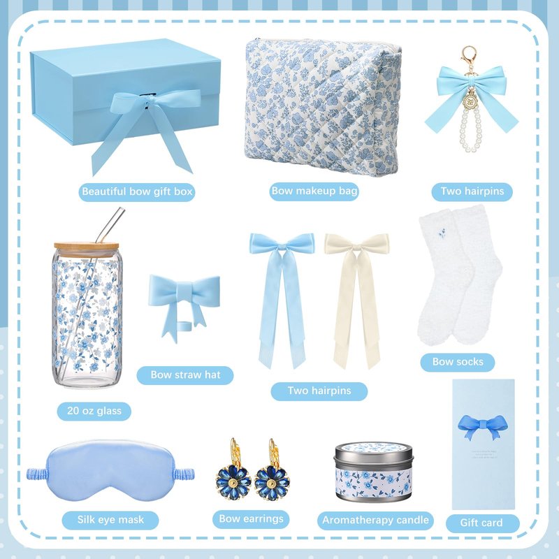 Skylety Blue Floral Gift Baskets for Teen Girls, Women Mothers Day Gifts Trendy Stuff Coquette Bow Teen Girl Self Care Birthday Box Gift for Her, Sister Friend Women Sweet 16th 18th 21st Box